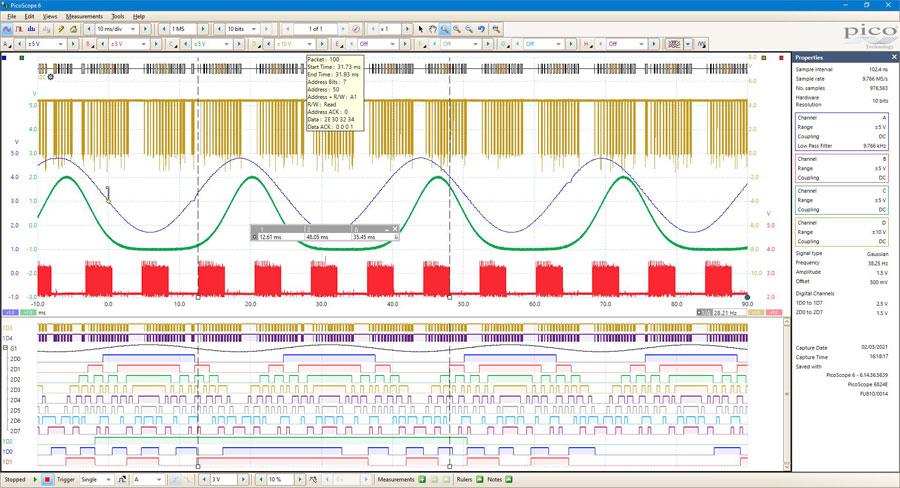 Dạng sóng hiển thị trên phần mềm của PicoScope 6000E